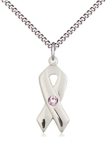 Sterling Silver Cancer Awareness Pendant with a 3mm Light Amethyst Swarovski stone on a 18 inch Light Rhodium Light Curb chain