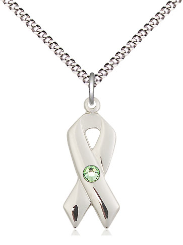 Sterling Silver Cancer Awareness Pendant with a 3mm Peridot Swarovski stone on a 18 inch Light Rhodium Light Curb chain