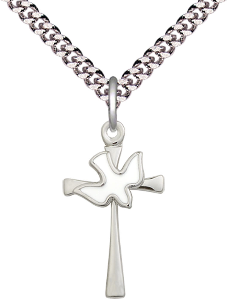 Sterling Silver Cross / Holy Spirit Pendant on a 24 inch Light Rhodium Heavy Curb chain