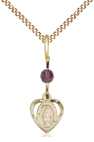 14kt Gold Filled Miraculous Pendant with an Amethyst bead on a 18 inch Gold Plate Light Curb chain