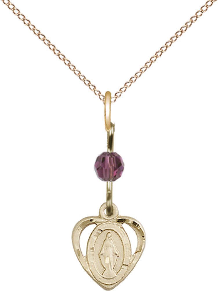 14kt Gold Filled Miraculous Pendant with an Amethyst bead on a 18 inch Gold Filled Light Curb chain