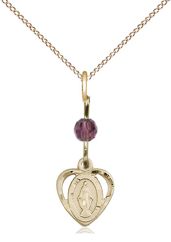 14kt Gold Filled Miraculous Pendant with an Amethyst bead on a 18 inch Gold Filled Light Curb chain