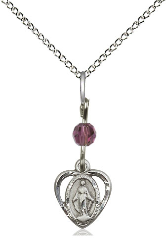 Sterling Silver Miraculous Pendant with an Amethyst bead on a 18 inch Sterling Silver Light Curb chain