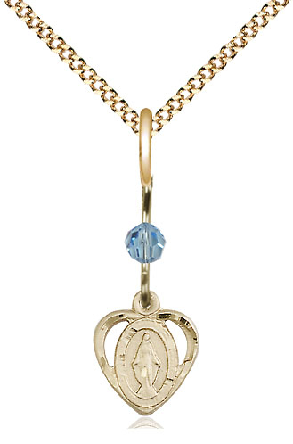 14kt Gold Filled Miraculous Pendant with an Aqua bead on a 18 inch Gold Plate Light Curb chain