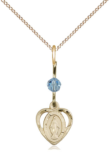 14kt Gold Filled Miraculous Pendant with an Aqua bead on a 18 inch Gold Filled Light Curb chain