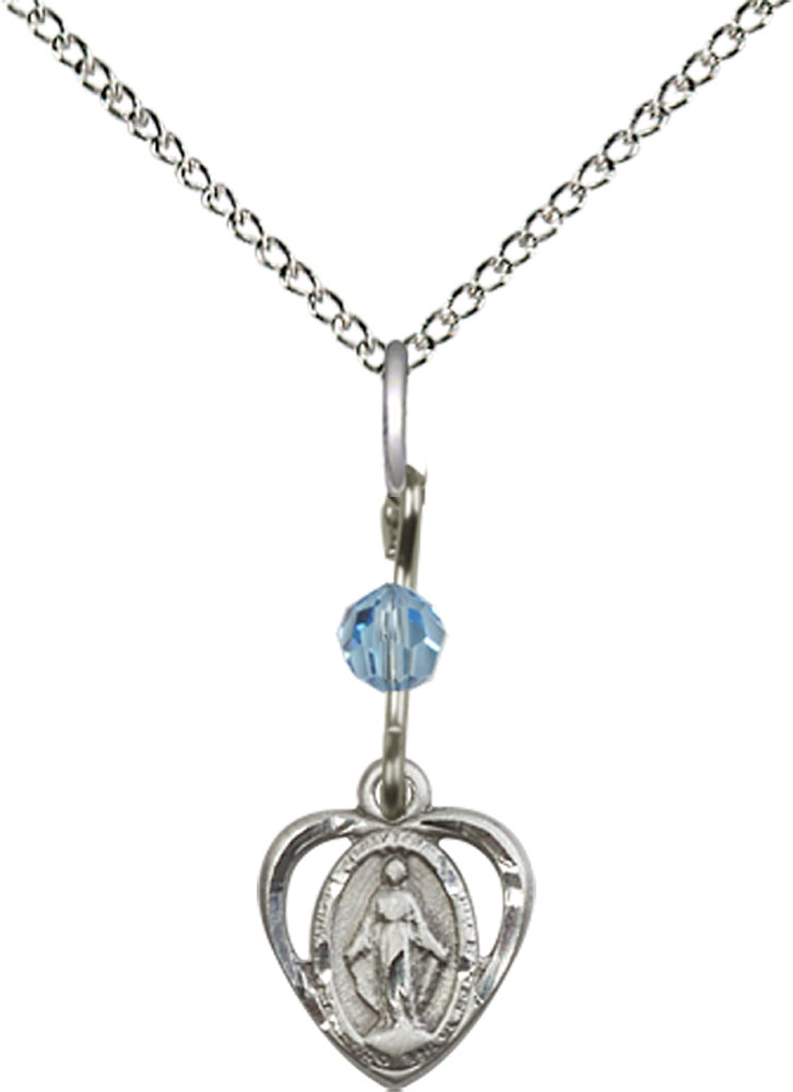 Sterling Silver Miraculous Pendant with an Aqua bead on a 18 inch Sterling Silver Light Curb chain