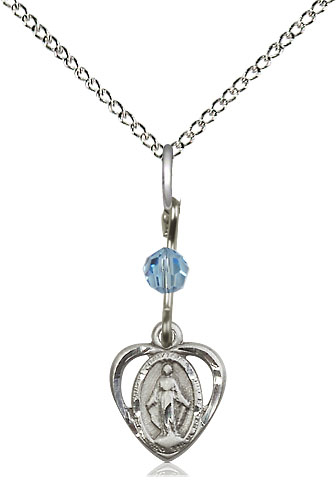 Sterling Silver Miraculous Pendant with an Aqua bead on a 18 inch Sterling Silver Light Curb chain