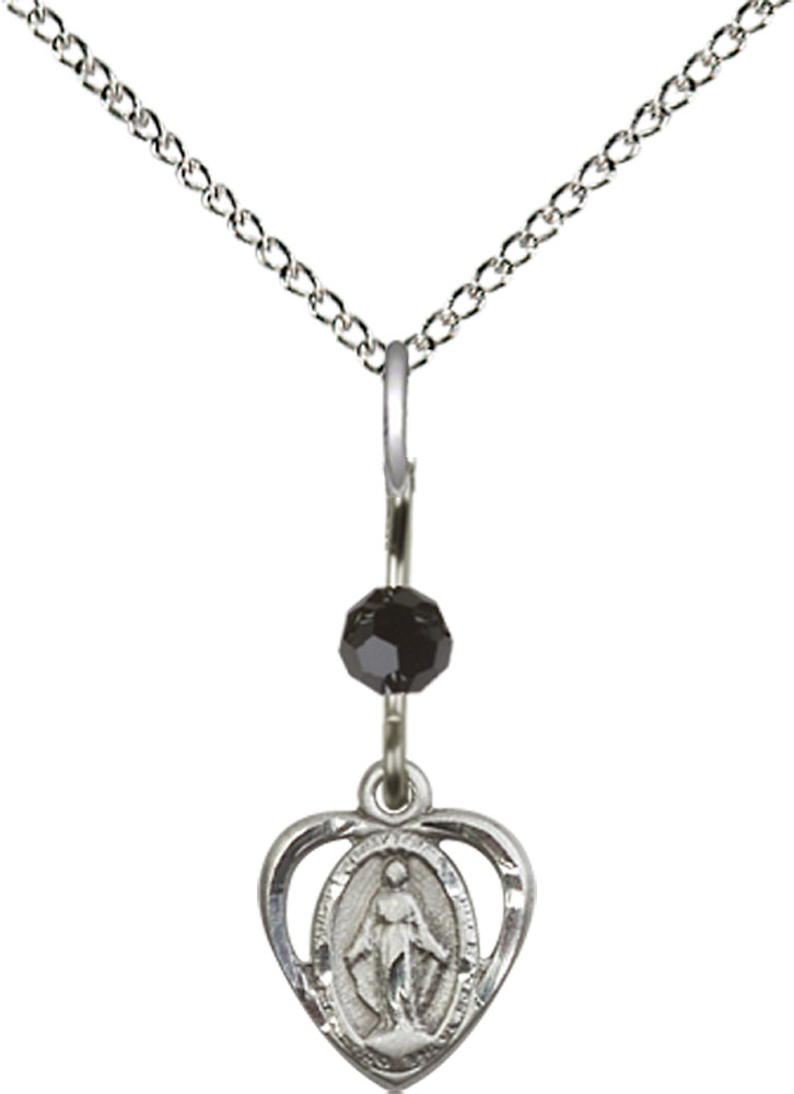 Sterling Silver Miraculous Pendant with a Black bead on a 18 inch Sterling Silver Light Curb chain