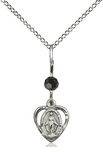 Sterling Silver Miraculous Pendant with a Black bead on a 18 inch Sterling Silver Light Curb chain
