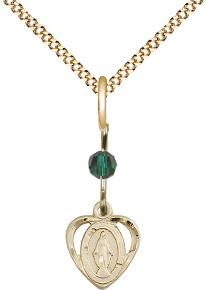 14kt Gold Filled Miraculous Pendant with a Emerald bead on a 18 inch Gold Plate Light Curb chain