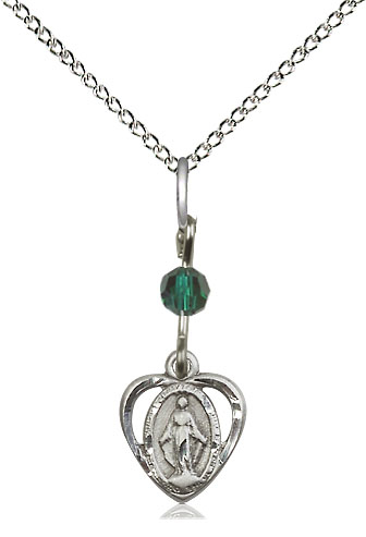 Sterling Silver Miraculous Pendant with a Emerald bead on a 18 inch Sterling Silver Light Curb chain