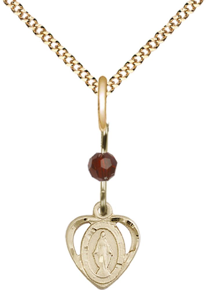 14kt Gold Filled Miraculous Pendant with a Garnet bead on a 18 inch Gold Plate Light Curb chain