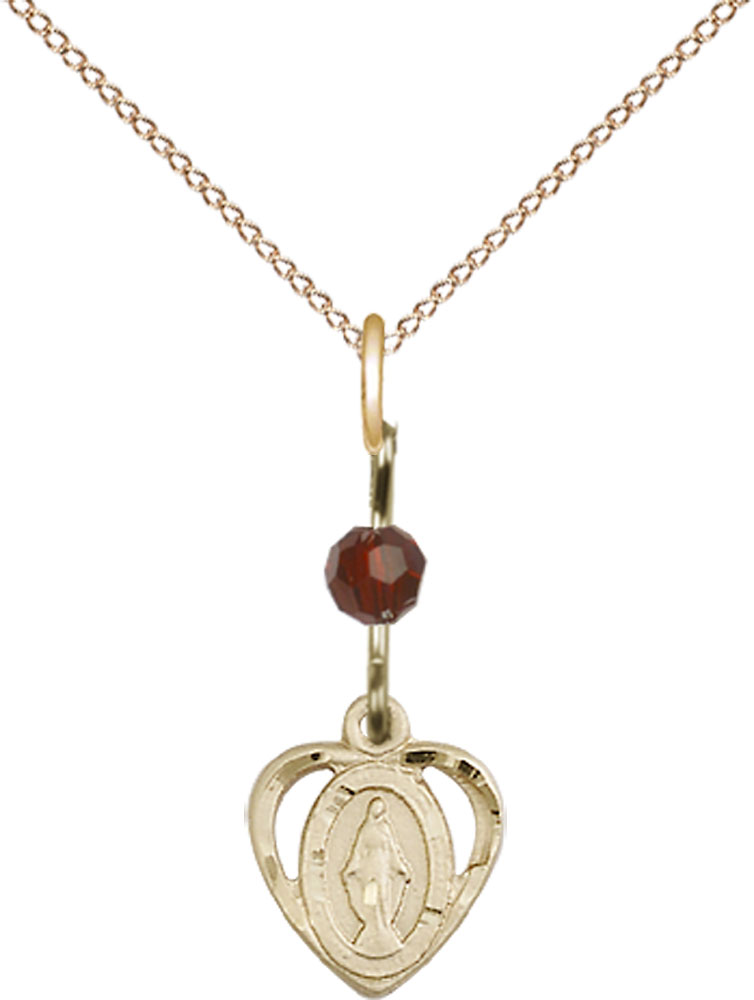 14kt Gold Filled Miraculous Pendant with a Garnet bead on a 18 inch Gold Filled Light Curb chain