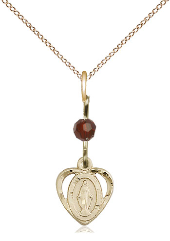 14kt Gold Filled Miraculous Pendant with a Garnet bead on a 18 inch Gold Filled Light Curb chain