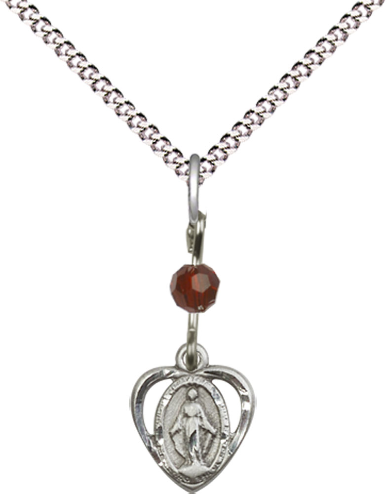 Sterling Silver Miraculous Pendant with a Garnet bead on a 18 inch Light Rhodium Light Curb chain