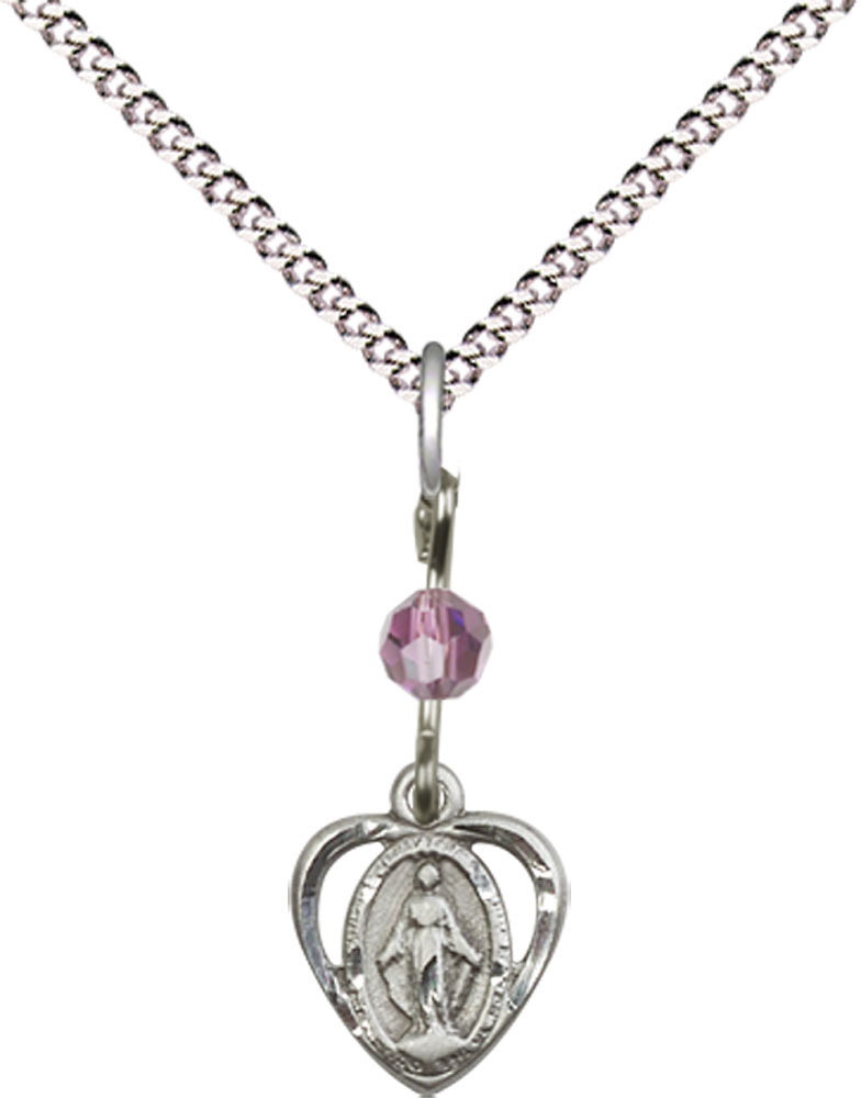 Sterling Silver Miraculous Pendant with a Light Amethyst bead on a 18 inch Light Rhodium Light Curb chain