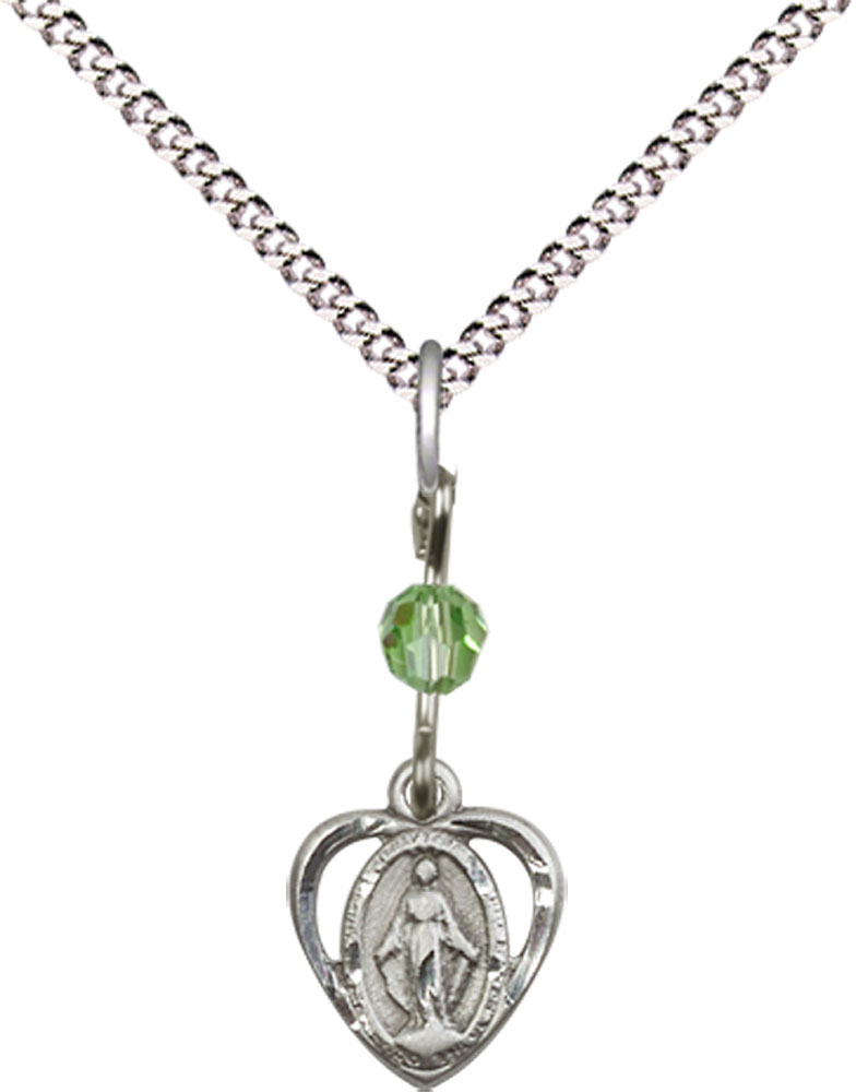 Sterling Silver Miraculous Pendant with a Peridot bead on a 18 inch Light Rhodium Light Curb chain