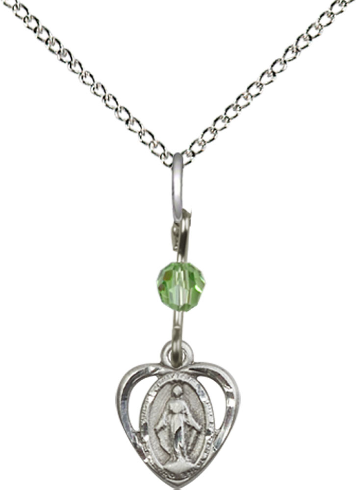 Sterling Silver Miraculous Pendant with a Peridot bead on a 18 inch Sterling Silver Light Curb chain