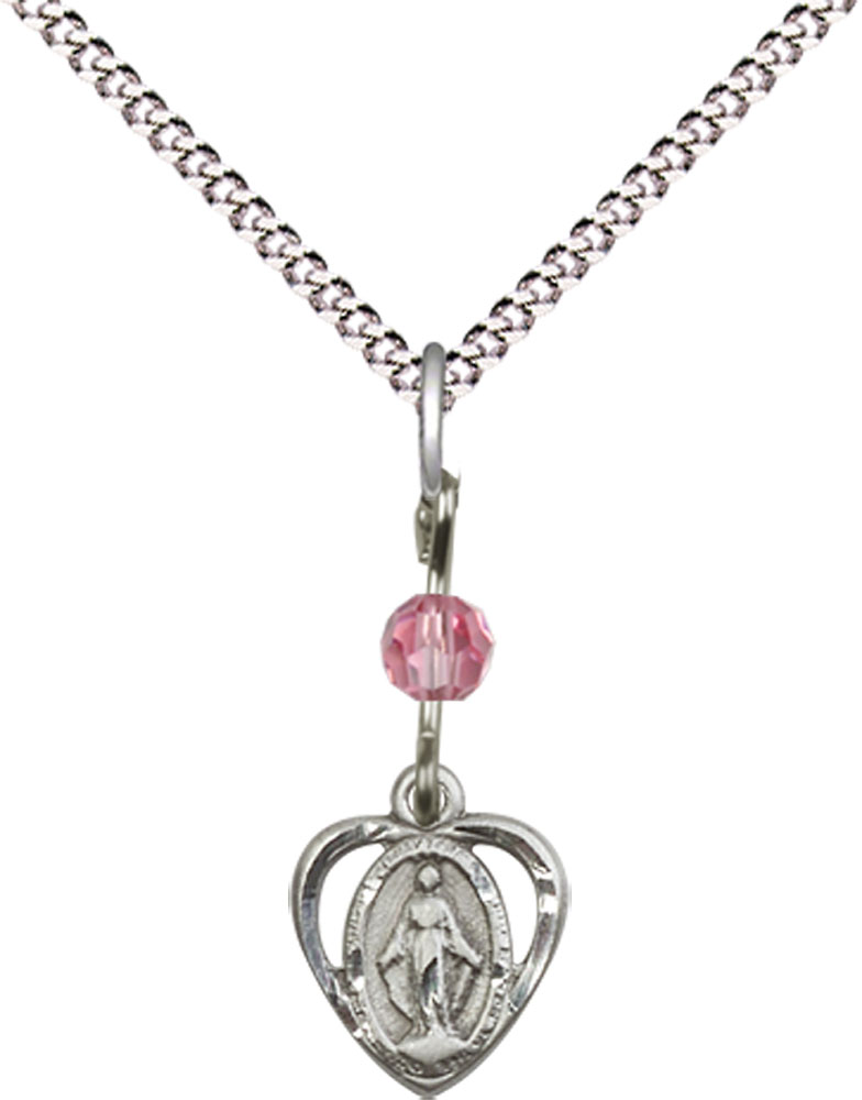 Sterling Silver Miraculous Pendant with a Rose bead on a 18 inch Light Rhodium Light Curb chain