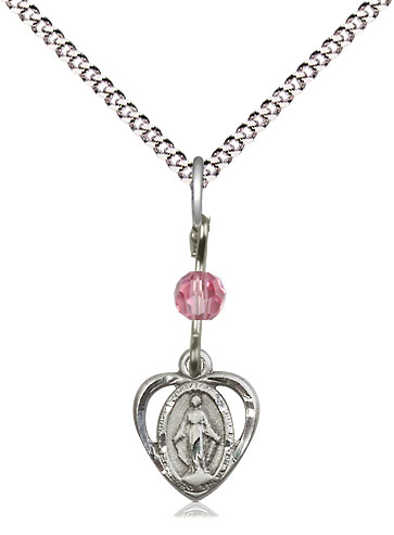 Sterling Silver Miraculous Pendant with a Rose bead on a 18 inch Light Rhodium Light Curb chain