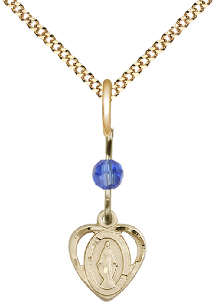 14kt Gold Filled Miraculous Pendant with a Sapphire bead on a 18 inch Gold Plate Light Curb chain