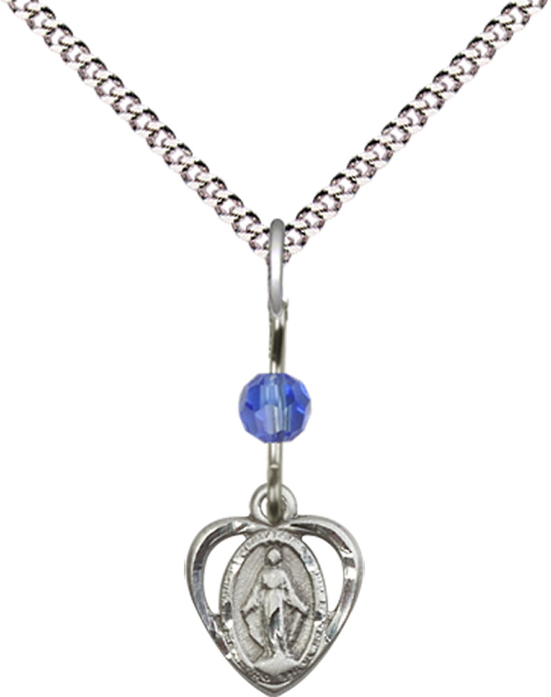 Sterling Silver Miraculous Pendant with a Sapphire bead on a 18 inch Light Rhodium Light Curb chain