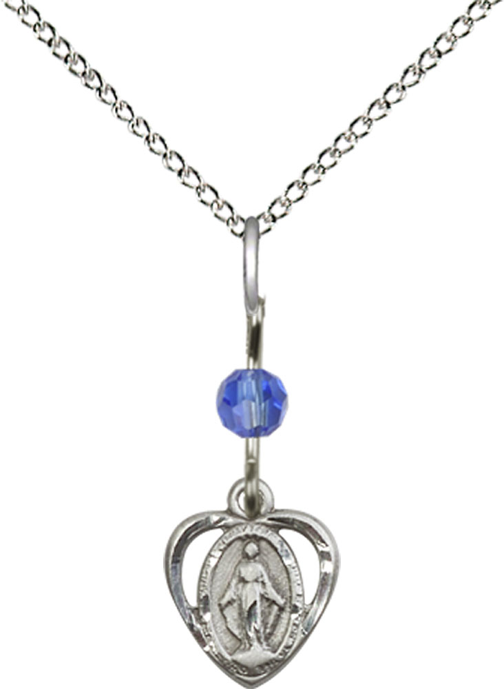 Sterling Silver Miraculous Pendant with a Sapphire bead on a 18 inch Sterling Silver Light Curb chain