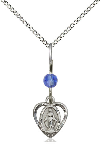 Sterling Silver Miraculous Pendant with a Sapphire bead on a 18 inch Sterling Silver Light Curb chain