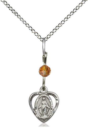 Sterling Silver Miraculous Pendant with a Topaz bead on a 18 inch Sterling Silver Light Curb chain