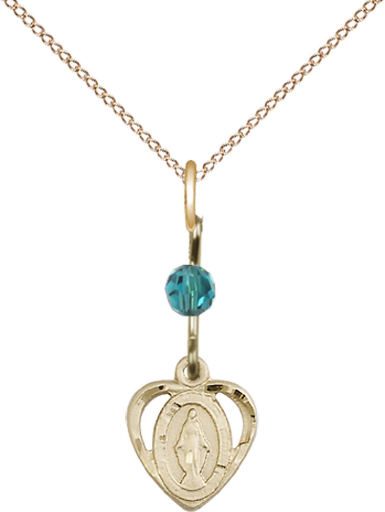 14kt Gold Filled Miraculous Pendant with a Zircon bead on a 18 inch Gold Filled Light Curb chain