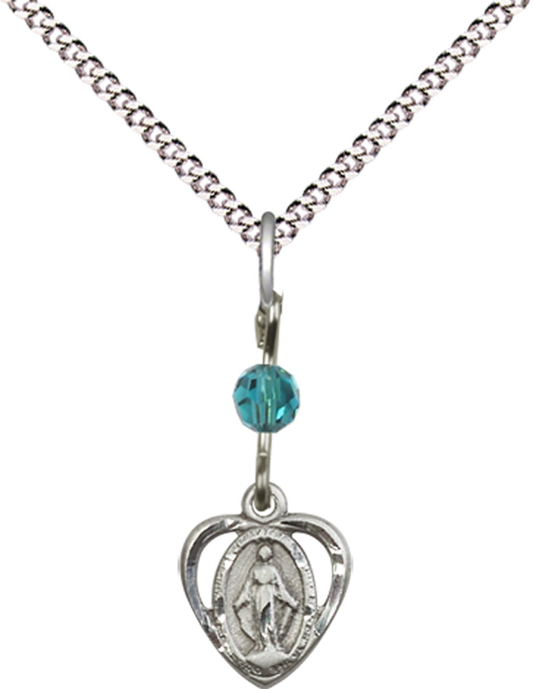 Sterling Silver Miraculous Pendant with a Zircon bead on a 18 inch Light Rhodium Light Curb chain