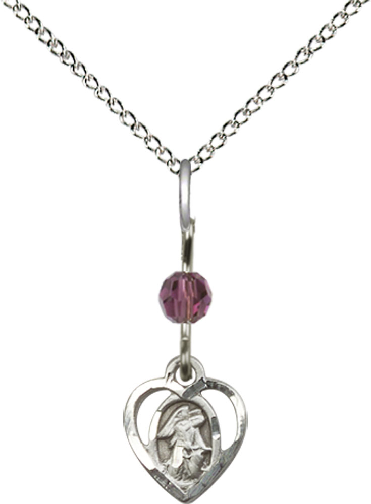 Sterling Silver Guardian Angel Pendant with an Amethyst bead on a 18 inch Sterling Silver Light Curb chain