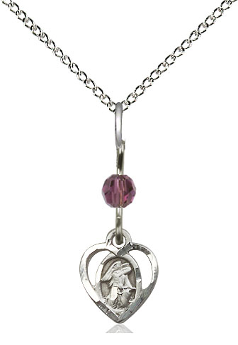 Sterling Silver Guardian Angel Pendant with an Amethyst bead on a 18 inch Sterling Silver Light Curb chain