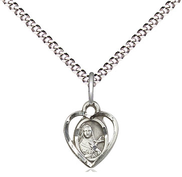 Sterling Silver Saint Theresa Pendant on a 18 inch Light Rhodium Light Curb chain