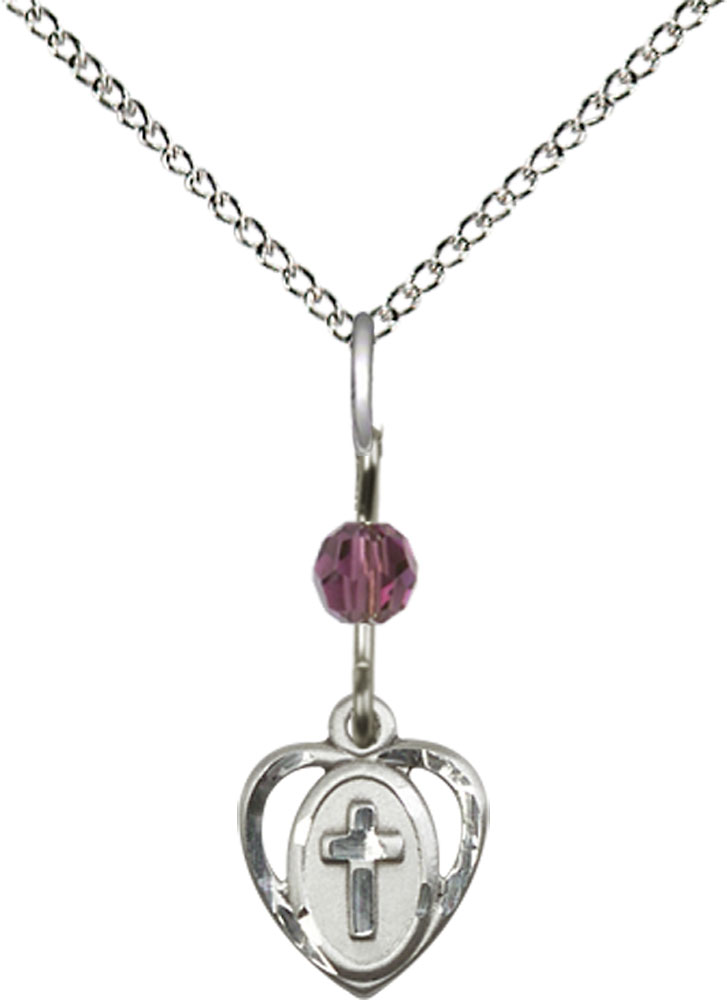 Sterling Silver Heart Cross Pendant with an Amethyst bead on a 18 inch Sterling Silver Light Curb chain