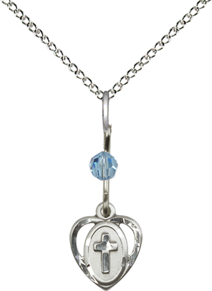 Sterling Silver Heart Cross Pendant with an Aqua bead on a 18 inch Sterling Silver Light Curb chain