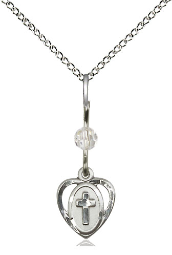 Sterling Silver Heart Cross Pendant with a Crystal bead on a 18 inch Sterling Silver Light Curb chain