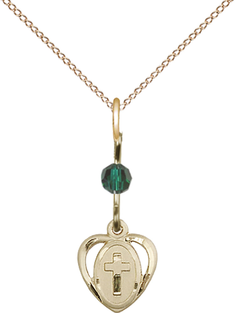 14kt Gold Filled Heart Cross Pendant with a Emerald bead on a 18 inch Gold Filled Light Curb chain