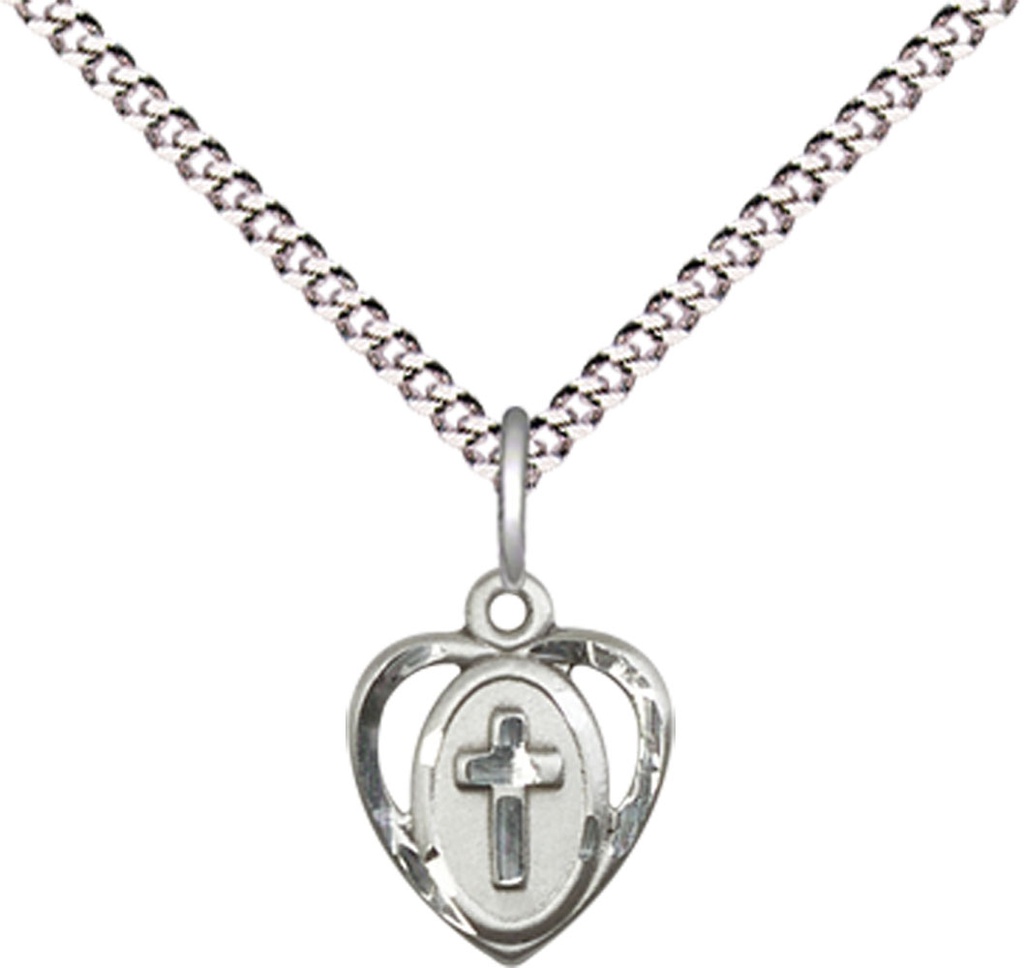 Sterling Silver Heart Cross Pendant with a Emerald bead on a 18 inch Light Rhodium Light Curb chain