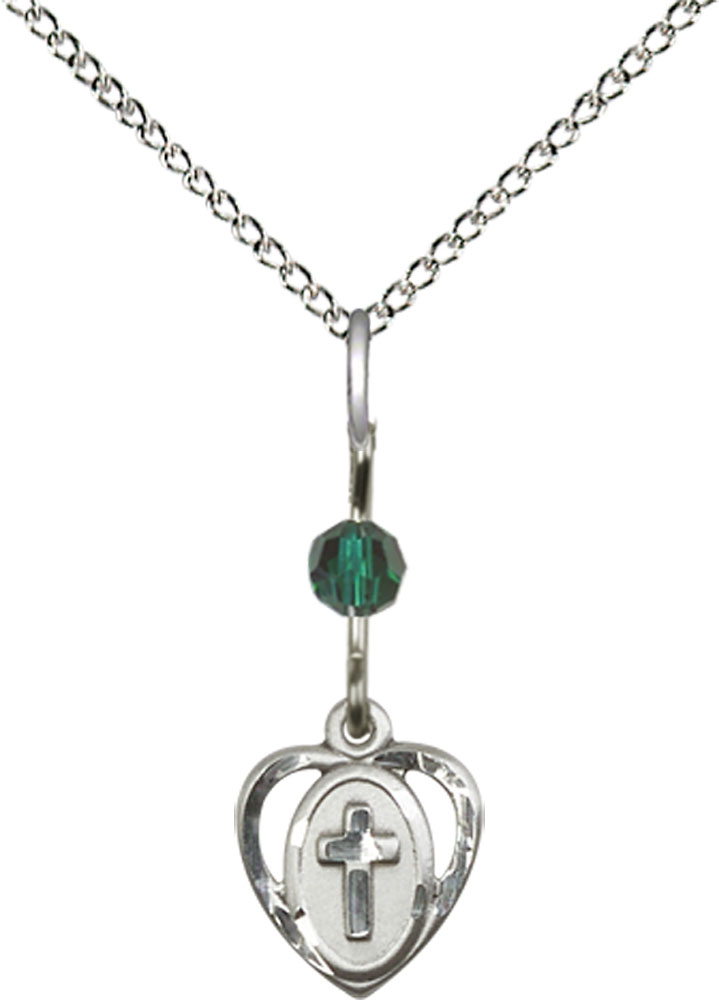 Sterling Silver Heart Cross Pendant with a Emerald bead on a 18 inch Sterling Silver Light Curb chain