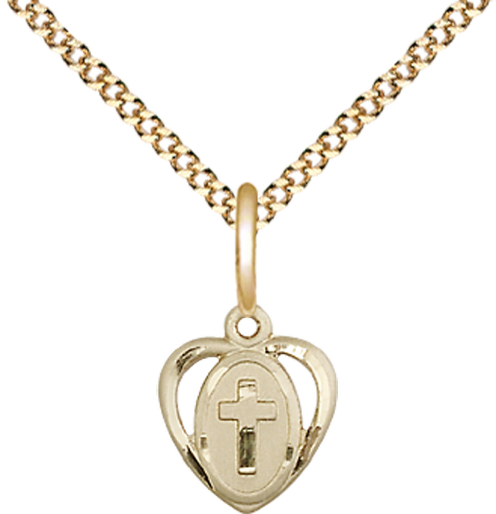 14kt Gold Filled Heart Cross Pendant on a 18 inch Gold Plate Light Curb chain