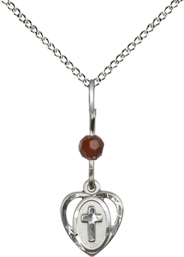 Sterling Silver Heart Cross Pendant with a Garnet bead on a 18 inch Sterling Silver Light Curb chain