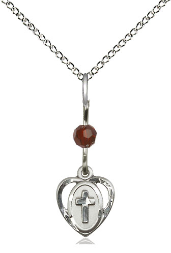 Sterling Silver Heart Cross Pendant with a Garnet bead on a 18 inch Sterling Silver Light Curb chain
