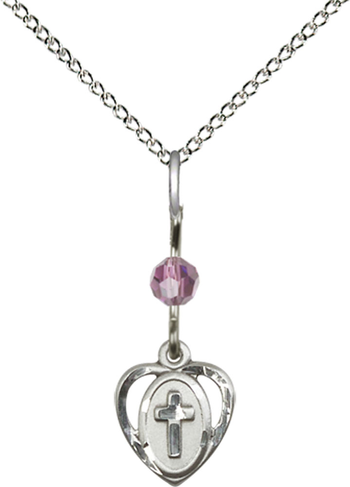 Sterling Silver Heart Cross Pendant with a Light Amethyst bead on a 18 inch Sterling Silver Light Curb chain