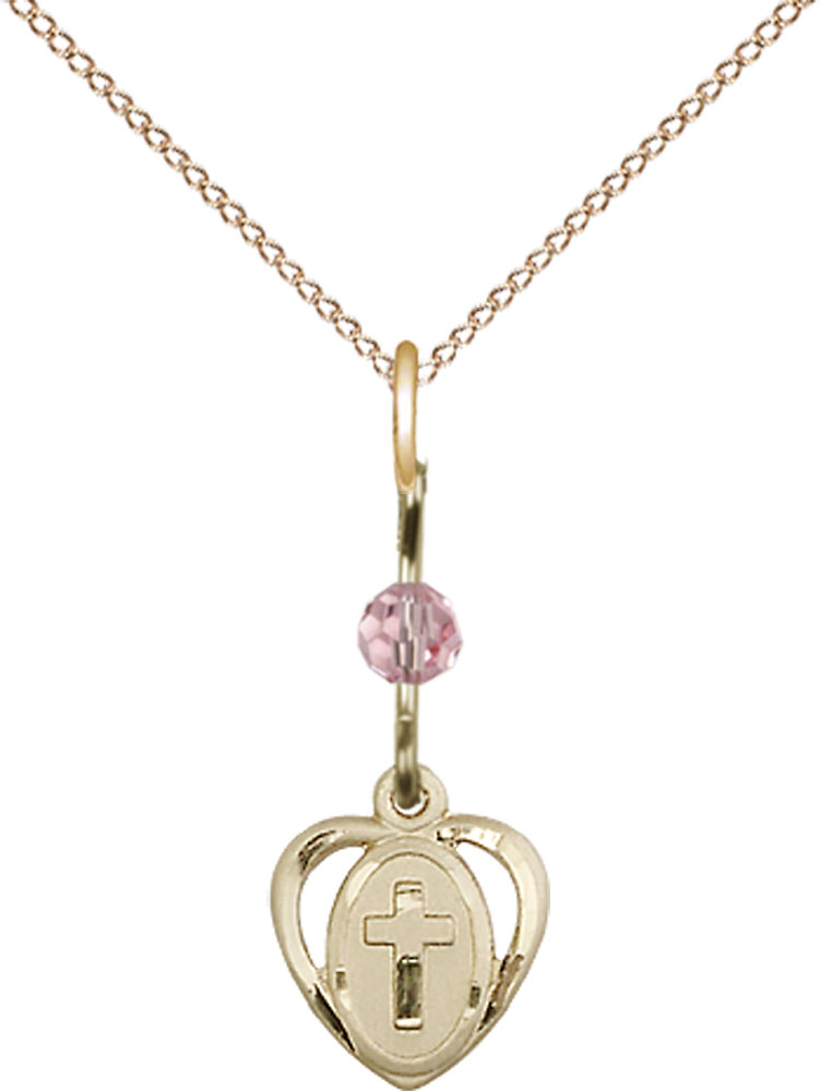14kt Gold Filled Heart Cross Pendant with a Light Rose bead on a 18 inch Gold Filled Light Curb chain