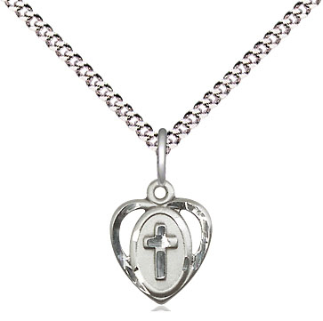 Sterling Silver Heart Cross Pendant with a Light Rose bead on a 18 inch Light Rhodium Light Curb chain
