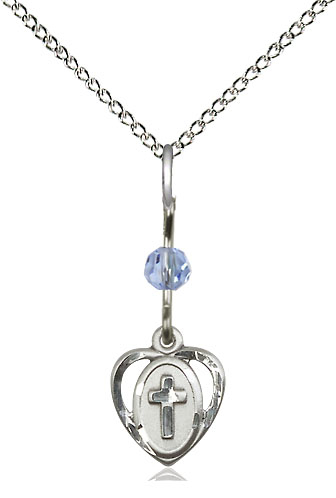 Sterling Silver Heart Cross Pendant with a Light Sapphire bead on a 18 inch Sterling Silver Light Curb chain