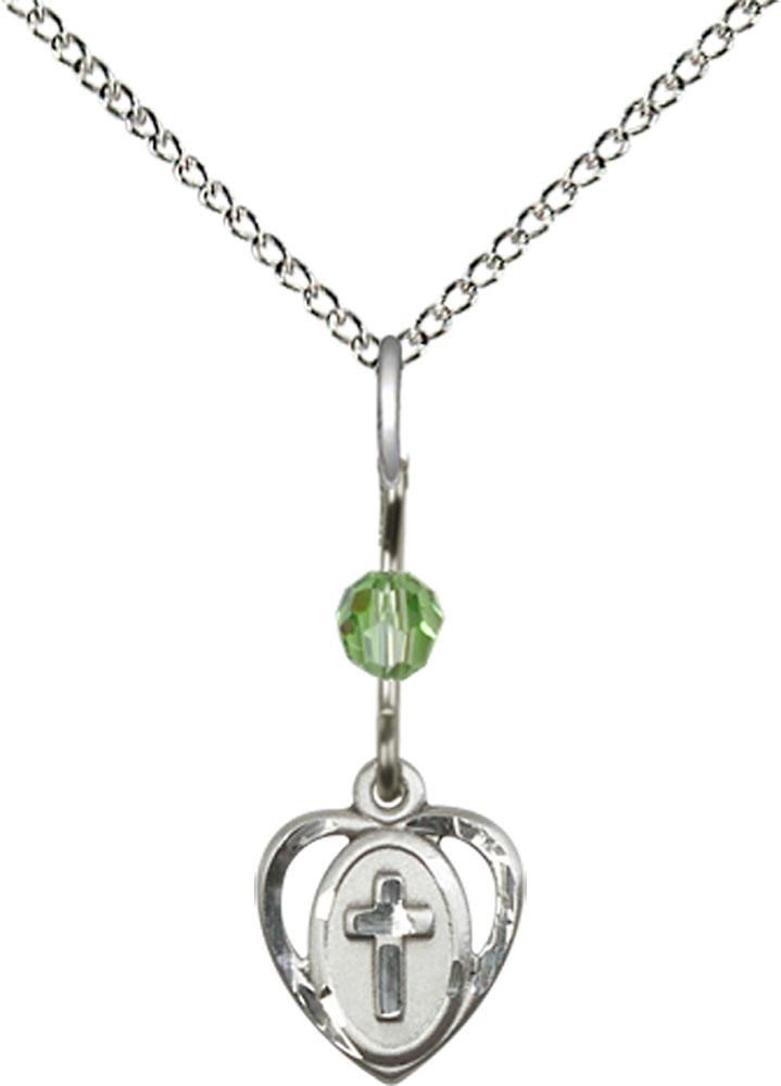 Sterling Silver Heart Cross Pendant with a Peridot bead on a 18 inch Sterling Silver Light Curb chain