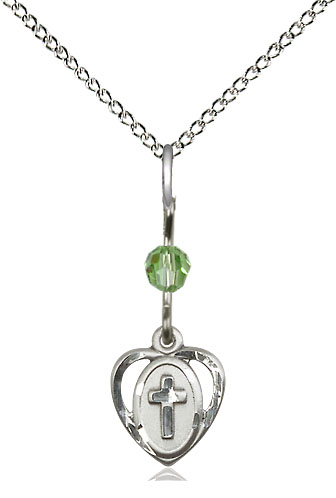 Sterling Silver Heart Cross Pendant with a Peridot bead on a 18 inch Sterling Silver Light Curb chain