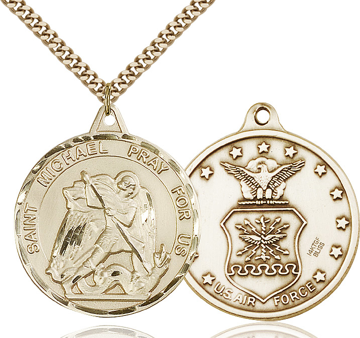 14kt Gold Filled Saint Michael Air Force Pendant on a 24 inch Gold Plate Heavy Curb chain